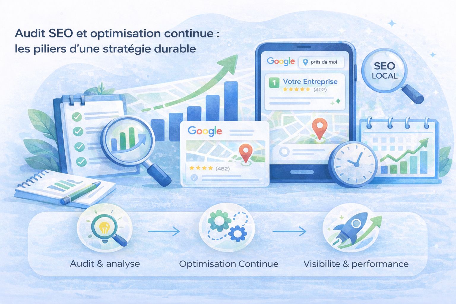Illustration d’un audit SEO et de l’optimisation continue pour améliorer la performance et la visibilité d’un site