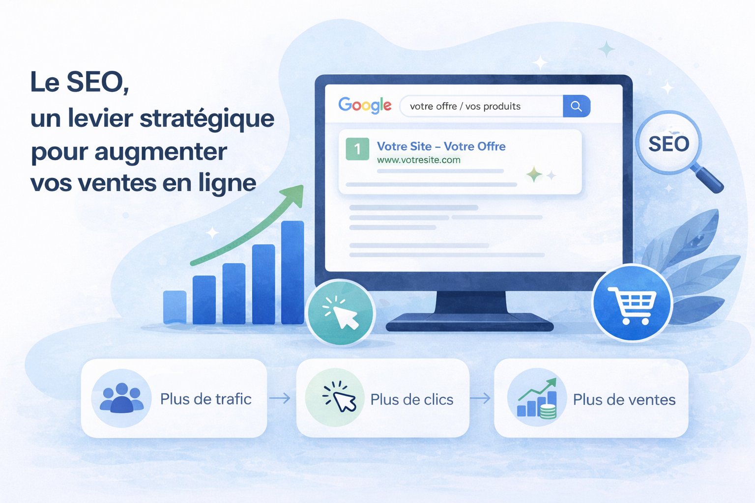 Illustration du SEO comme levier stratégique pour augmenter le trafic, les clics et les ventes en ligne