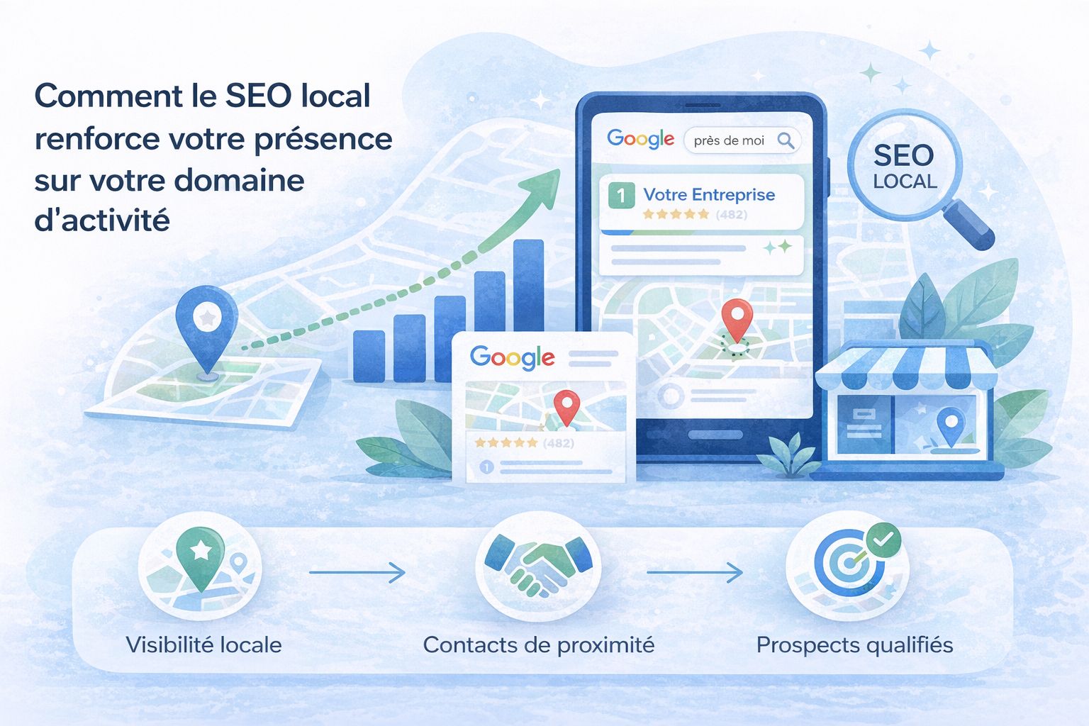 Illustration du SEO local améliorant la visibilité d’une entreprise et générant des prospects de proximité