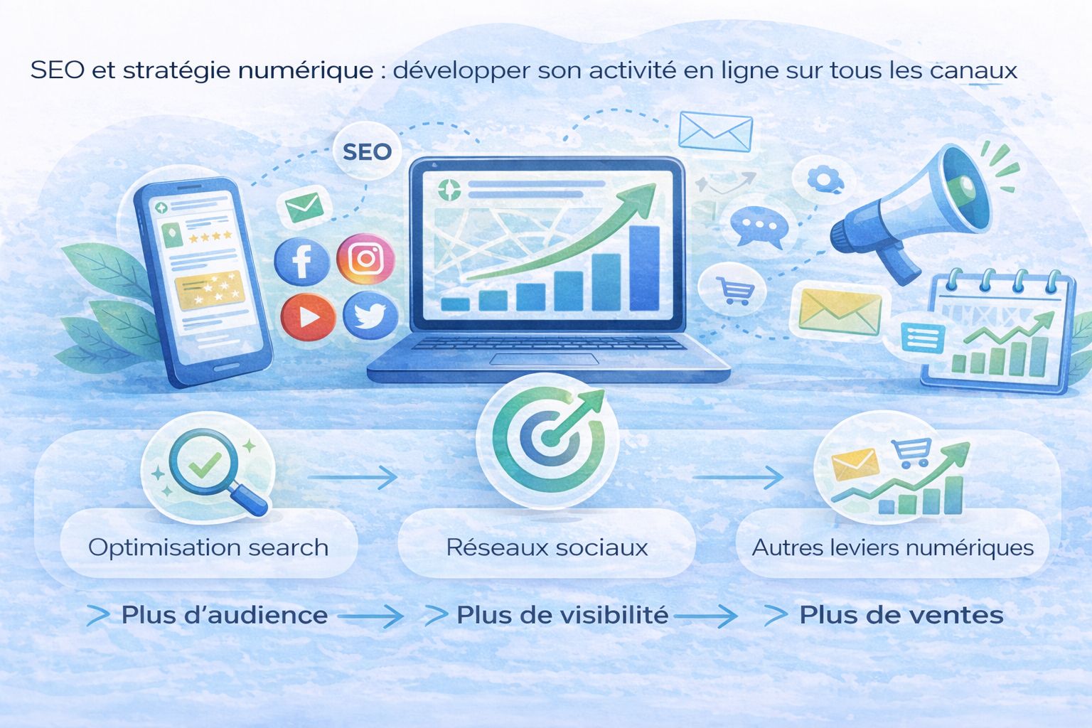 Illustration d’une stratégie SEO multicanale intégrant réseaux sociaux et leviers numériques pour développer les ventes
